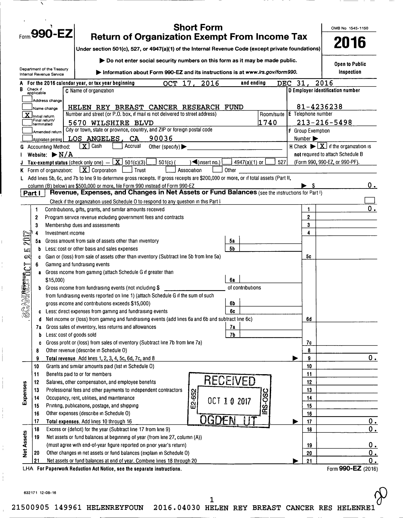 Image of first page of 2016 Form 990EZ for Helen Rey Breast Cancer Research Fund