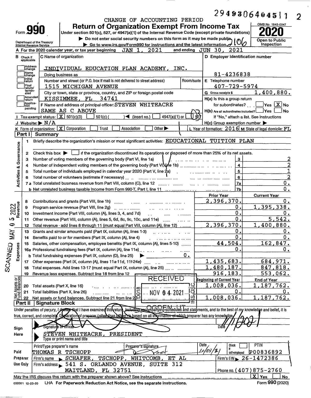 Image of first page of 2020 Form 990 for Individual Education Plan Academy