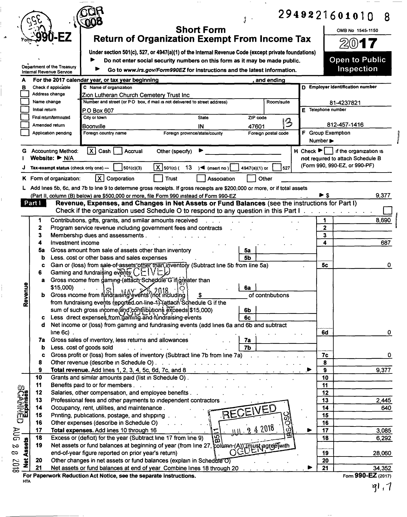 Image of first page of 2017 Form 990EO for Zion Lutheran Church Cemetery Trust