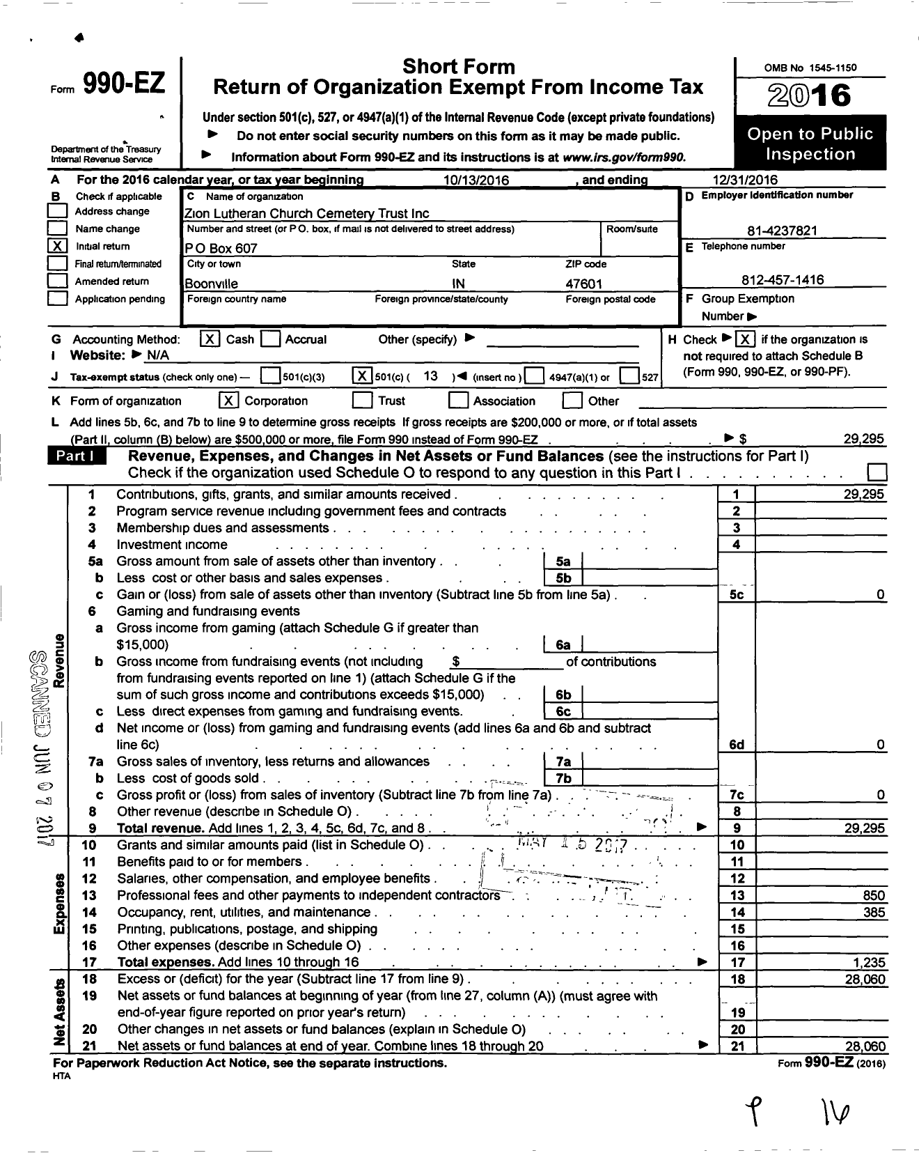 Image of first page of 2016 Form 990EO for Zion Lutheran Church Cemetery Trust