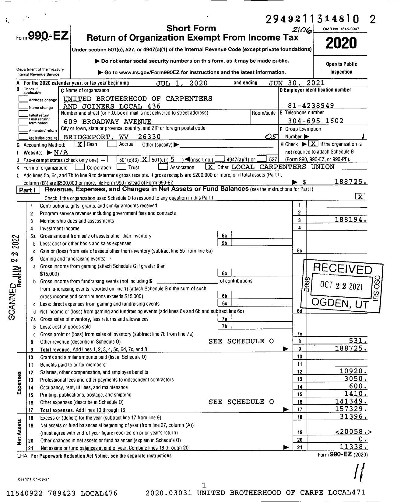 Image of first page of 2020 Form 990EO for United Brotherhood of Carpenters & Joiners - 436 KML Carpenters Local 436