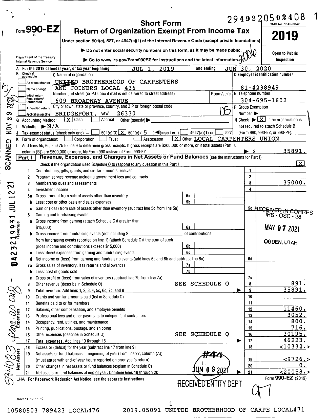 Image of first page of 2019 Form 990EO for United Brotherhood of Carpenters & Joiners - 436 KML Carpenters Local 436