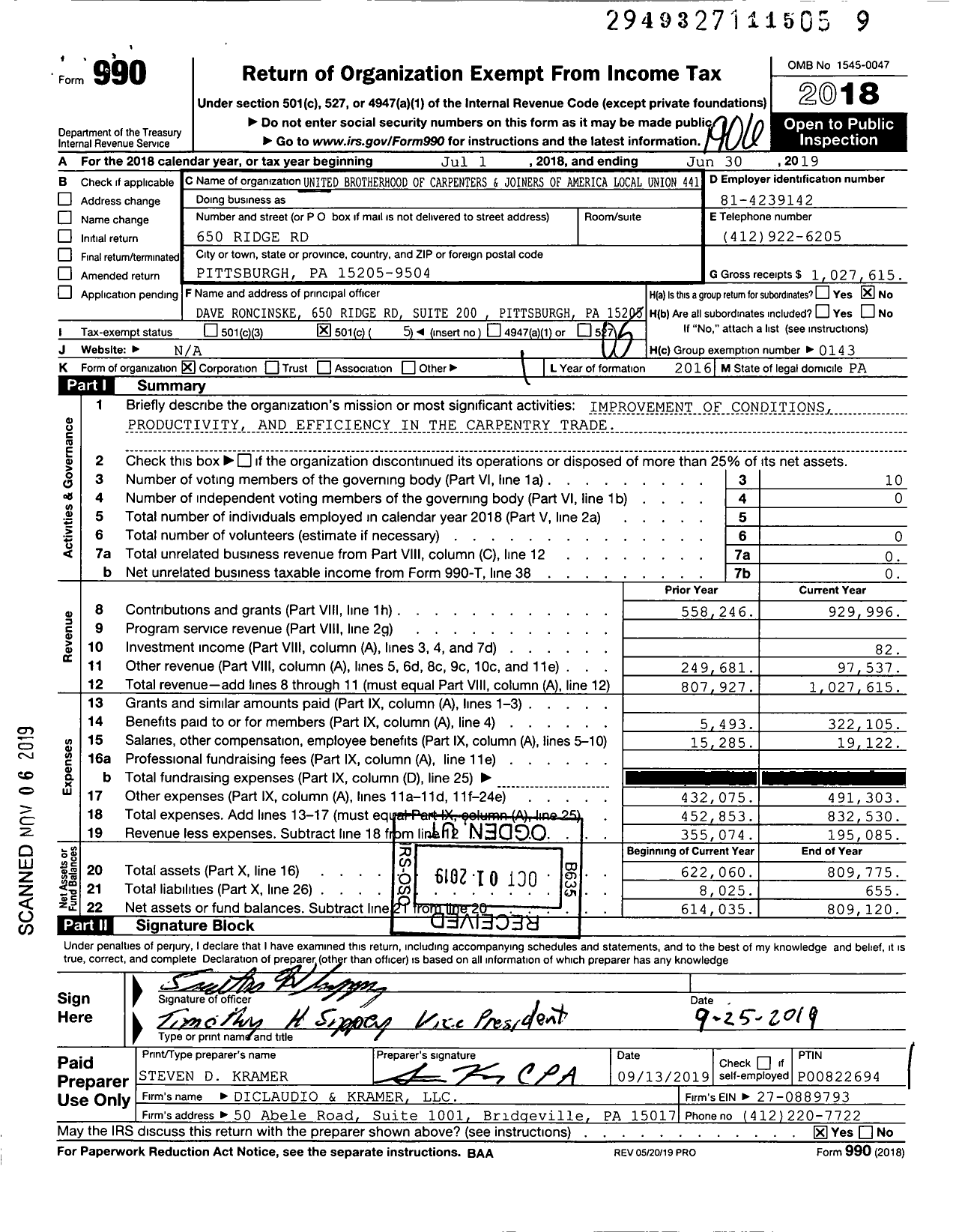 Image of first page of 2018 Form 990O for United Brotherhood of Carpenters and Joiners of America Local Union 441