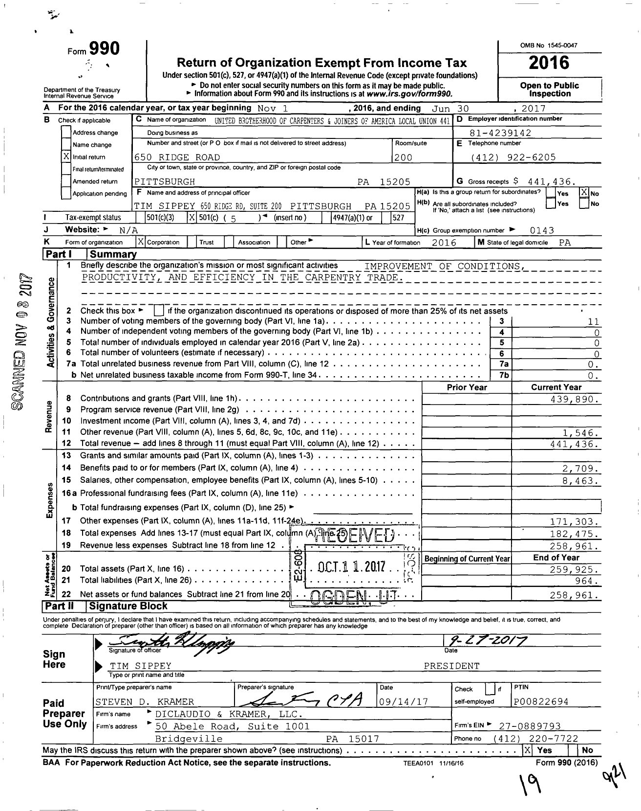 Image of first page of 2016 Form 990O for United Brotherhood of Carpenters and Joiners of America Local Union 441