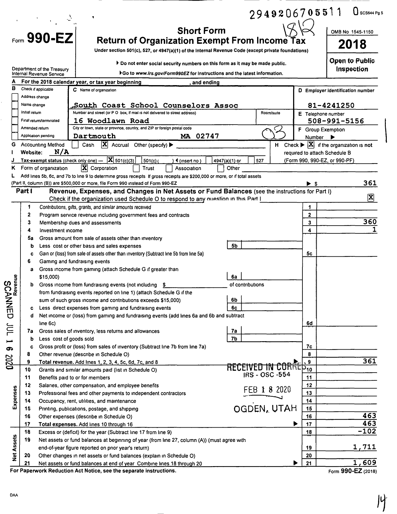 Image of first page of 2018 Form 990EZ for South Coast School Counselors Association