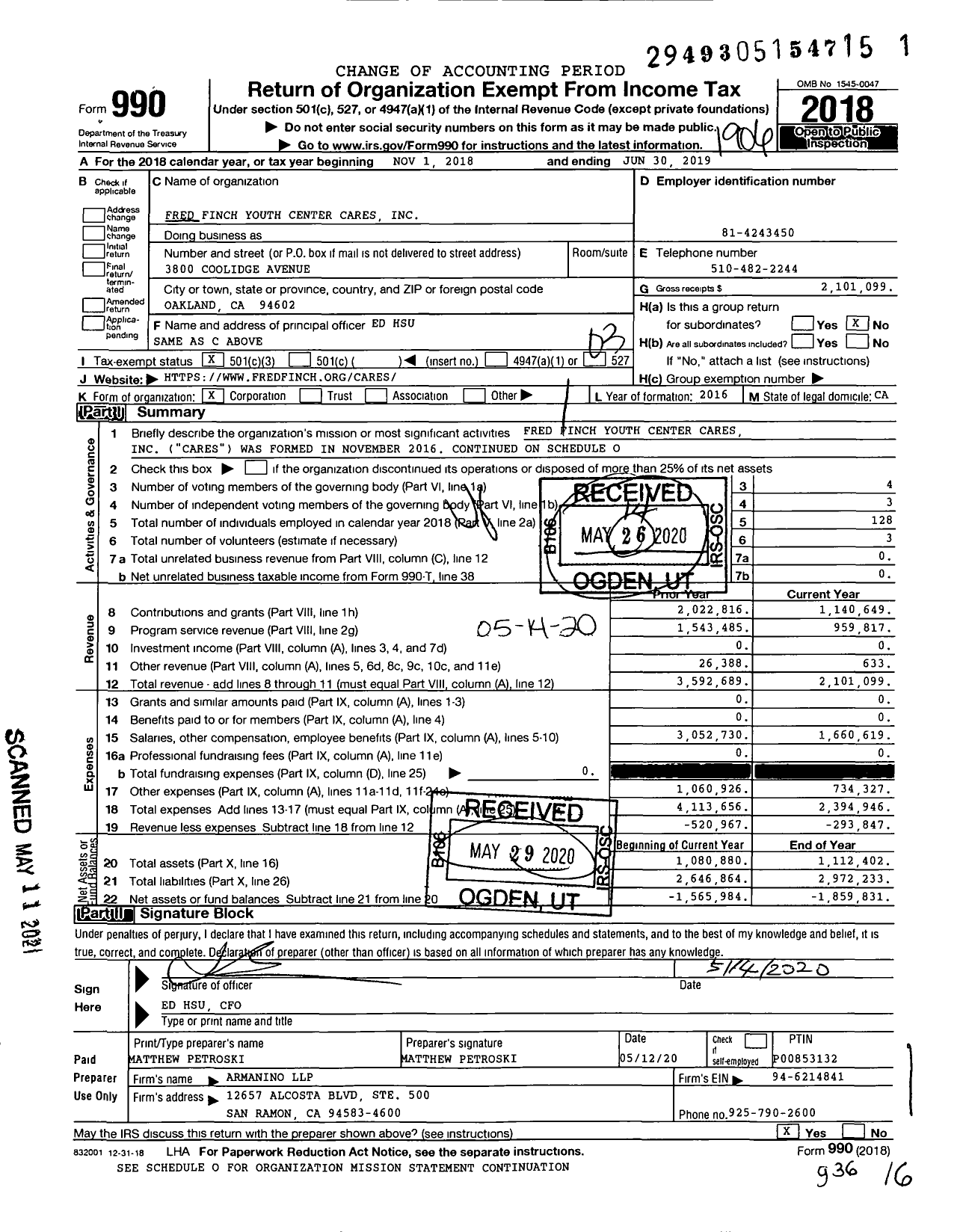 Image of first page of 2018 Form 990 for Fred Finch Youth Center Cares