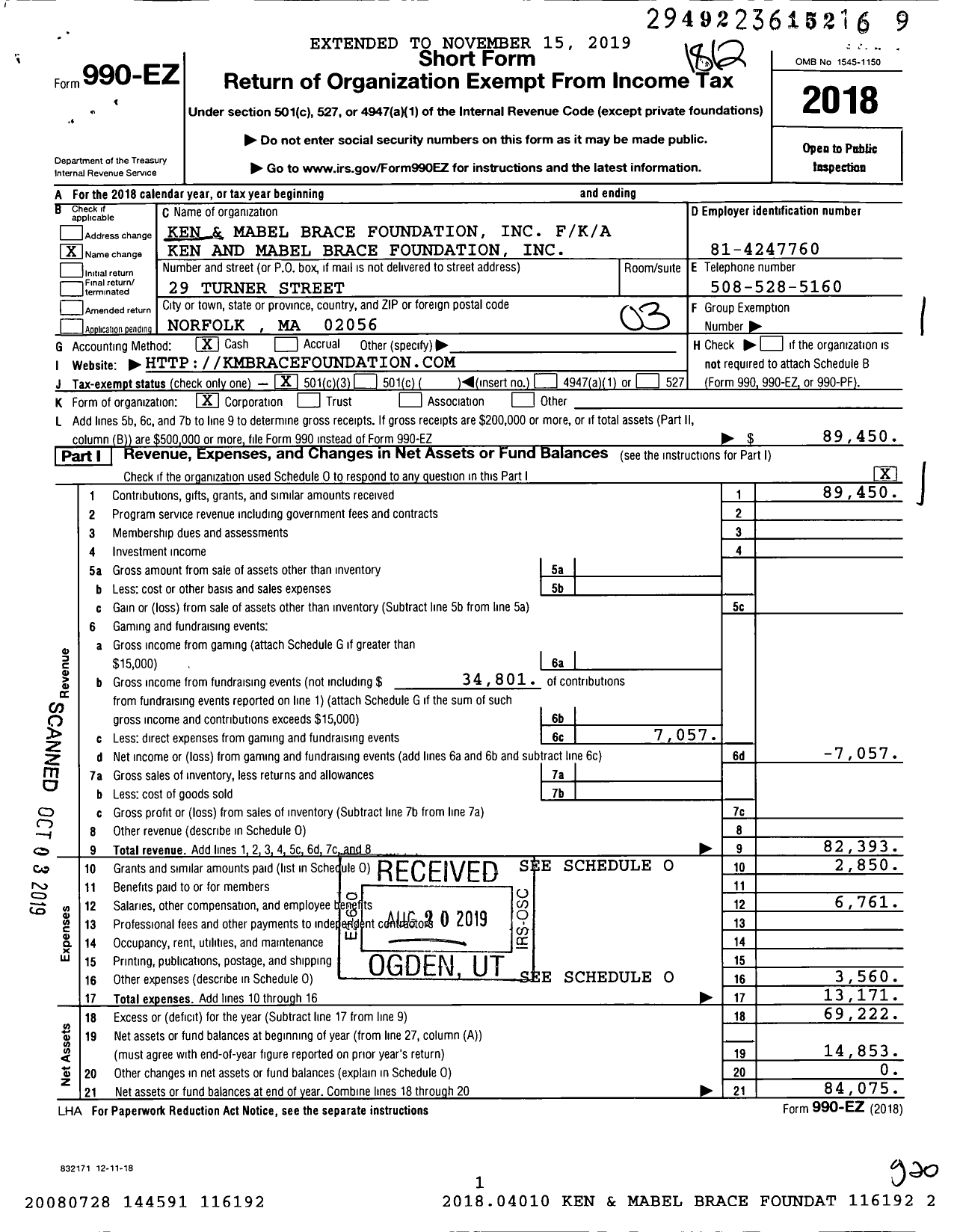 Image of first page of 2018 Form 990EZ for Ken and Mabel Brace Foundation