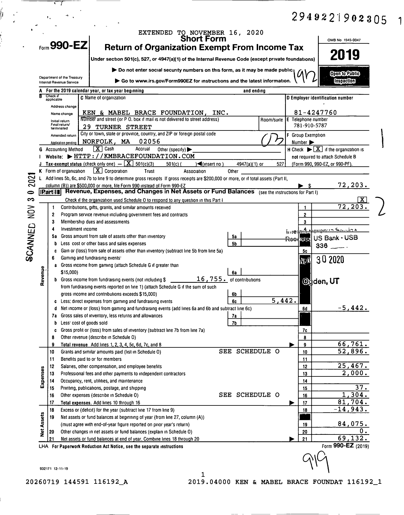 Image of first page of 2019 Form 990EZ for Ken and Mabel Brace Foundation