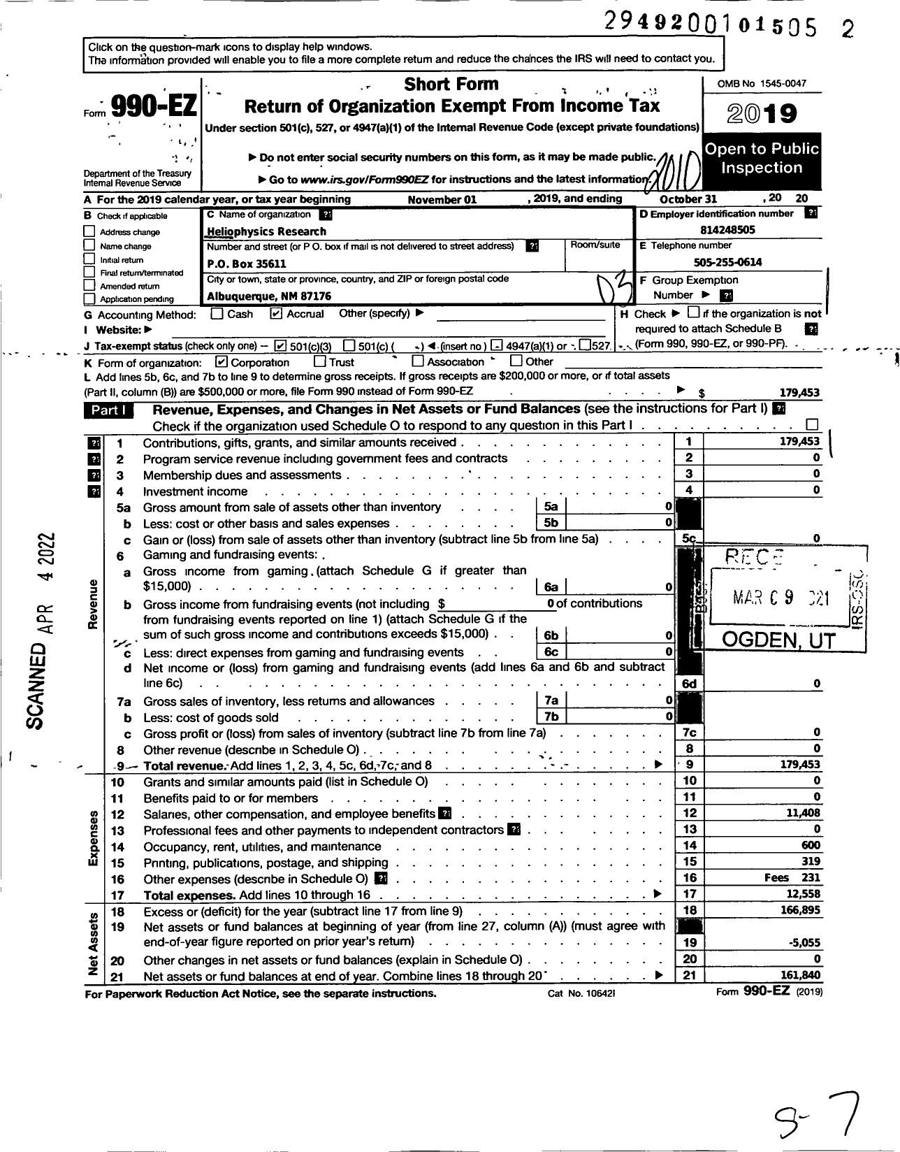 Image of first page of 2019 Form 990EZ for Heliophysics Research