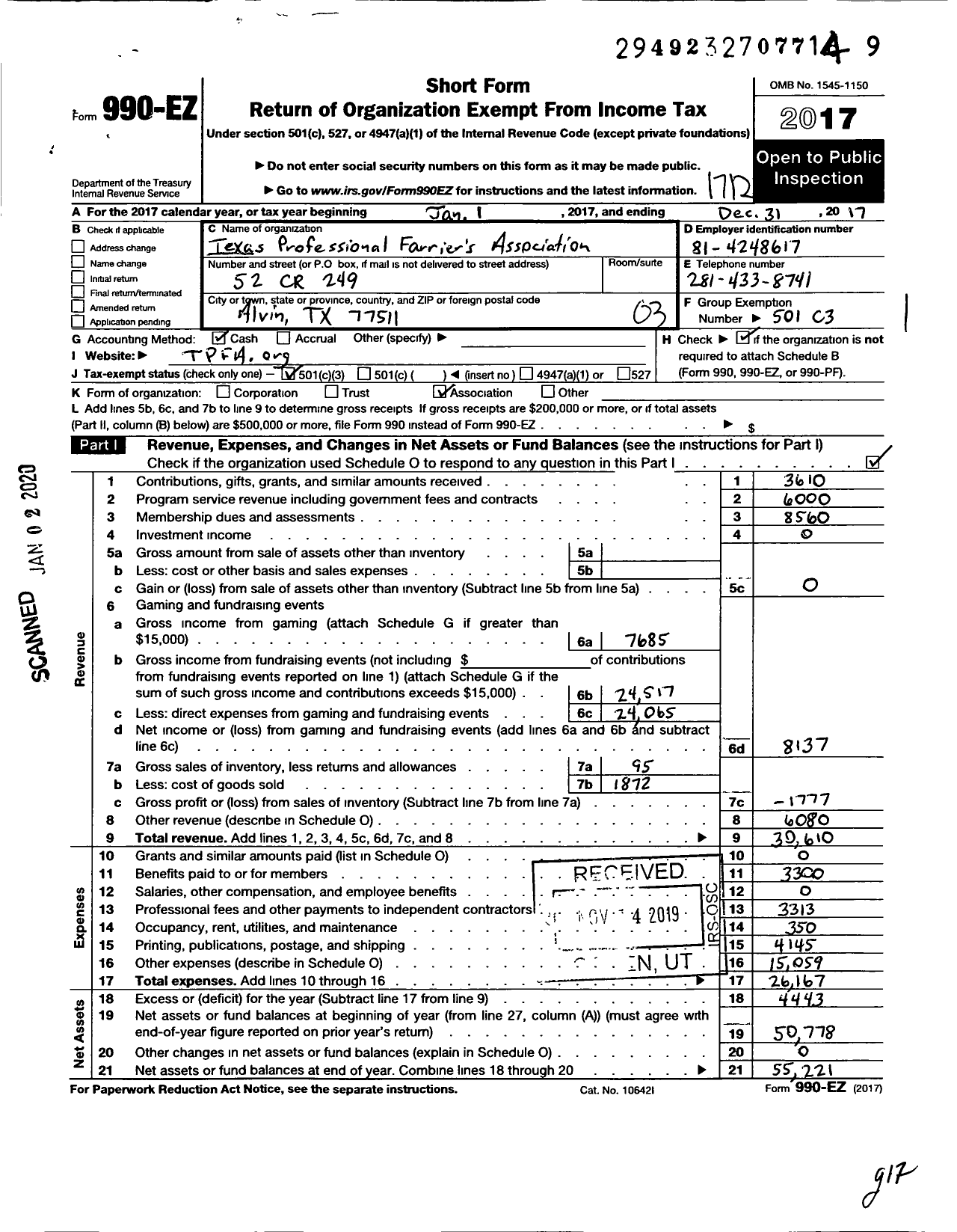 Image of first page of 2017 Form 990EZ for Texas Professional Farriers Association