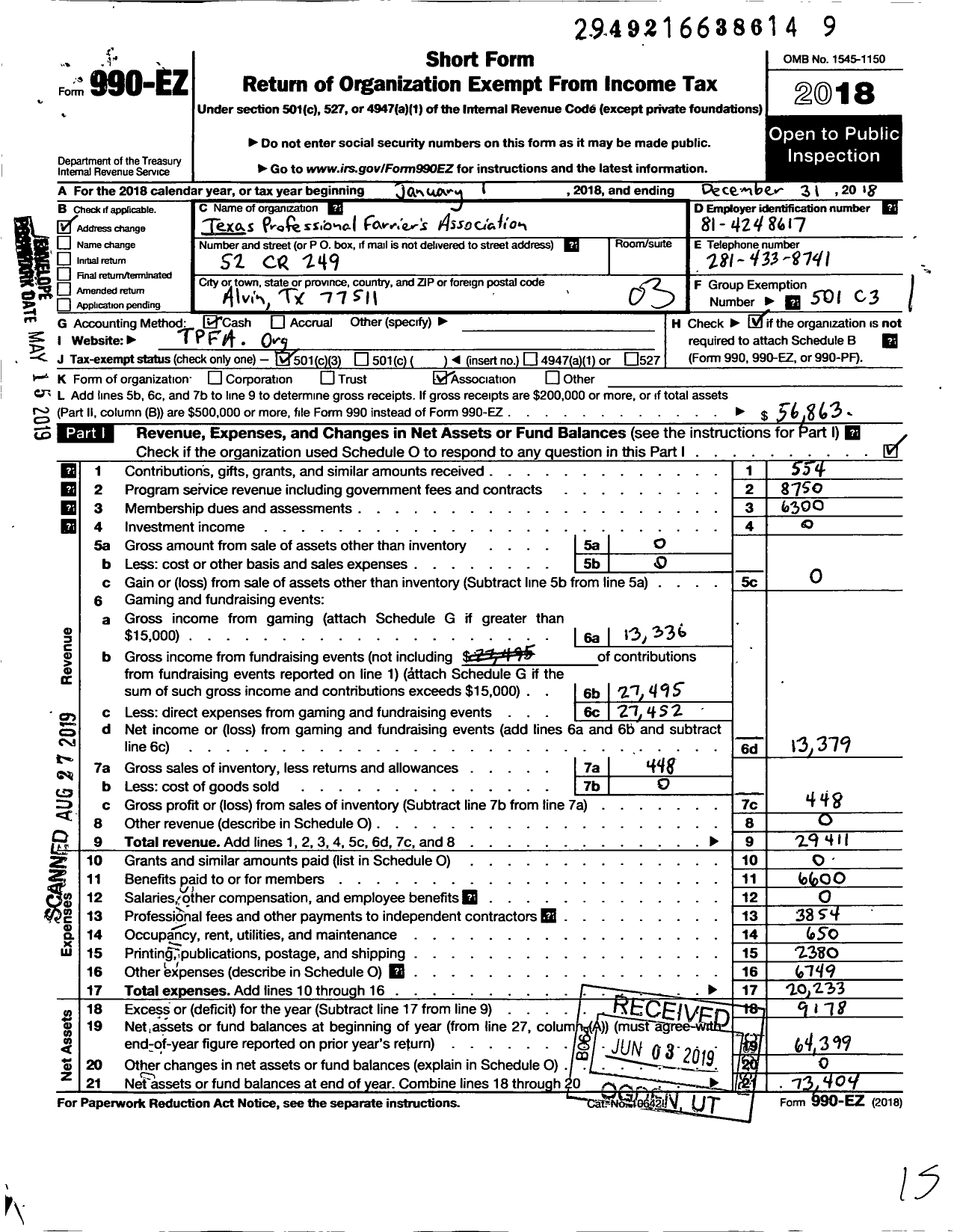 Image of first page of 2018 Form 990EZ for Texas Professional Farriers Association