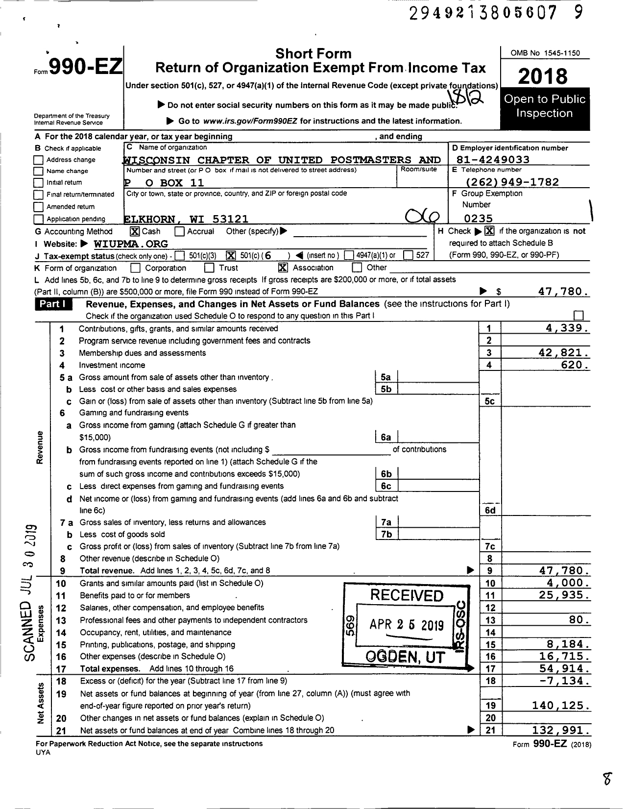 Image of first page of 2018 Form 990EO for United Postmasters and Managers of America UPMA Wisconsin