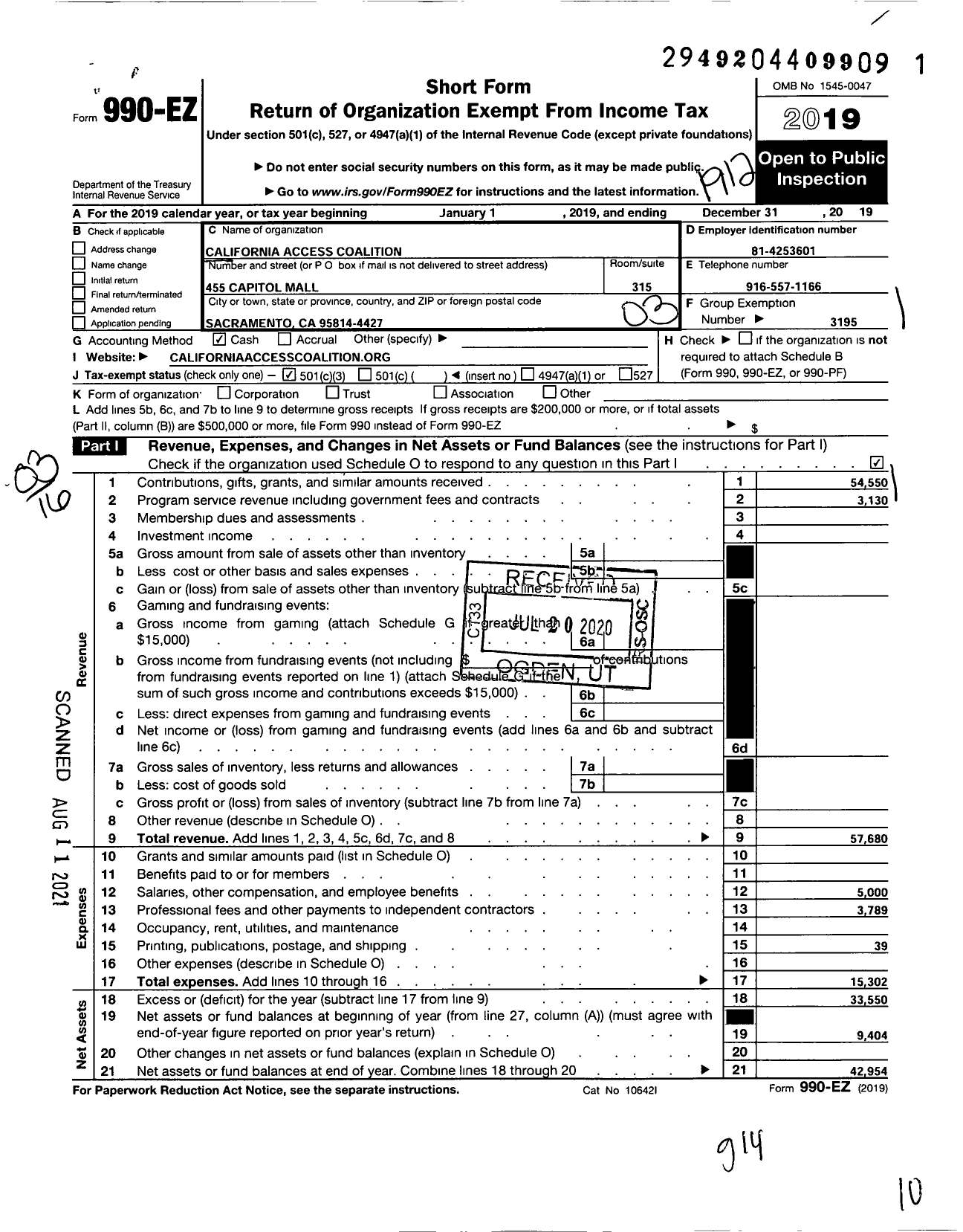 Image of first page of 2019 Form 990EZ for California Access Coalition