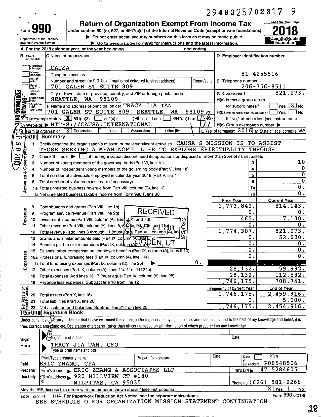 Image of first page of 2018 Form 990 for Causa