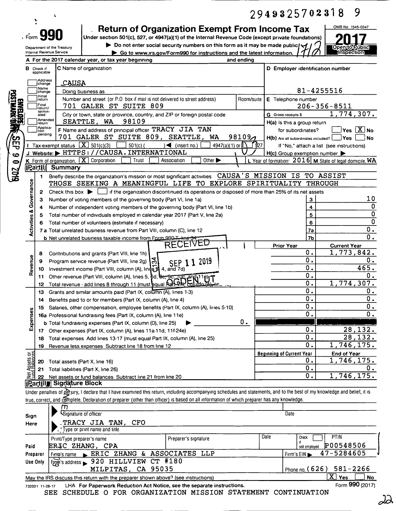 Image of first page of 2017 Form 990 for Causa