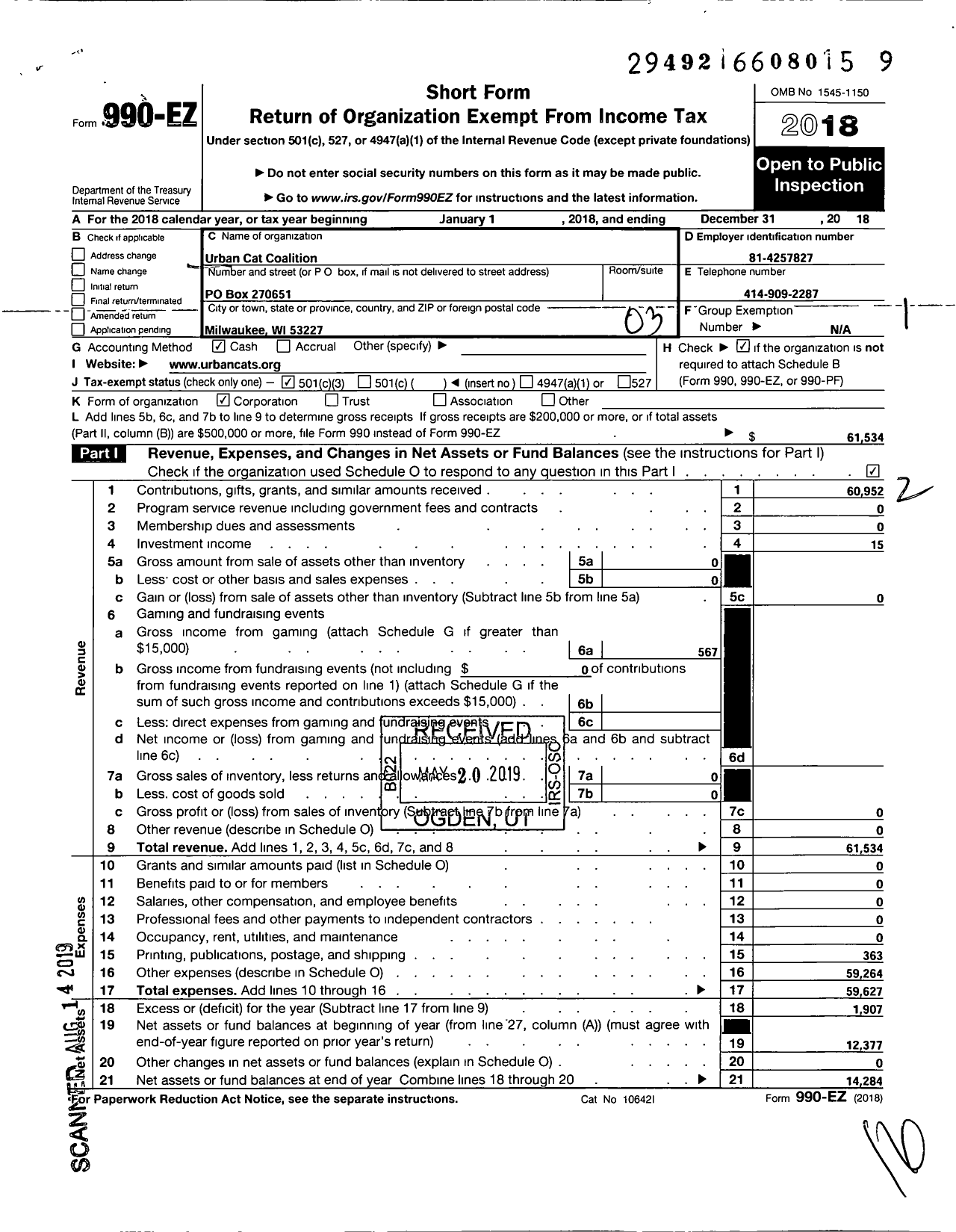 Image of first page of 2018 Form 990EZ for Urban Cat Coalition