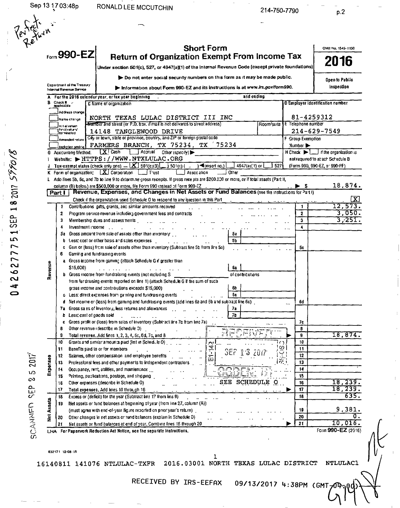 Image of first page of 2016 Form 990EZ for North Texas LULAC District Iii