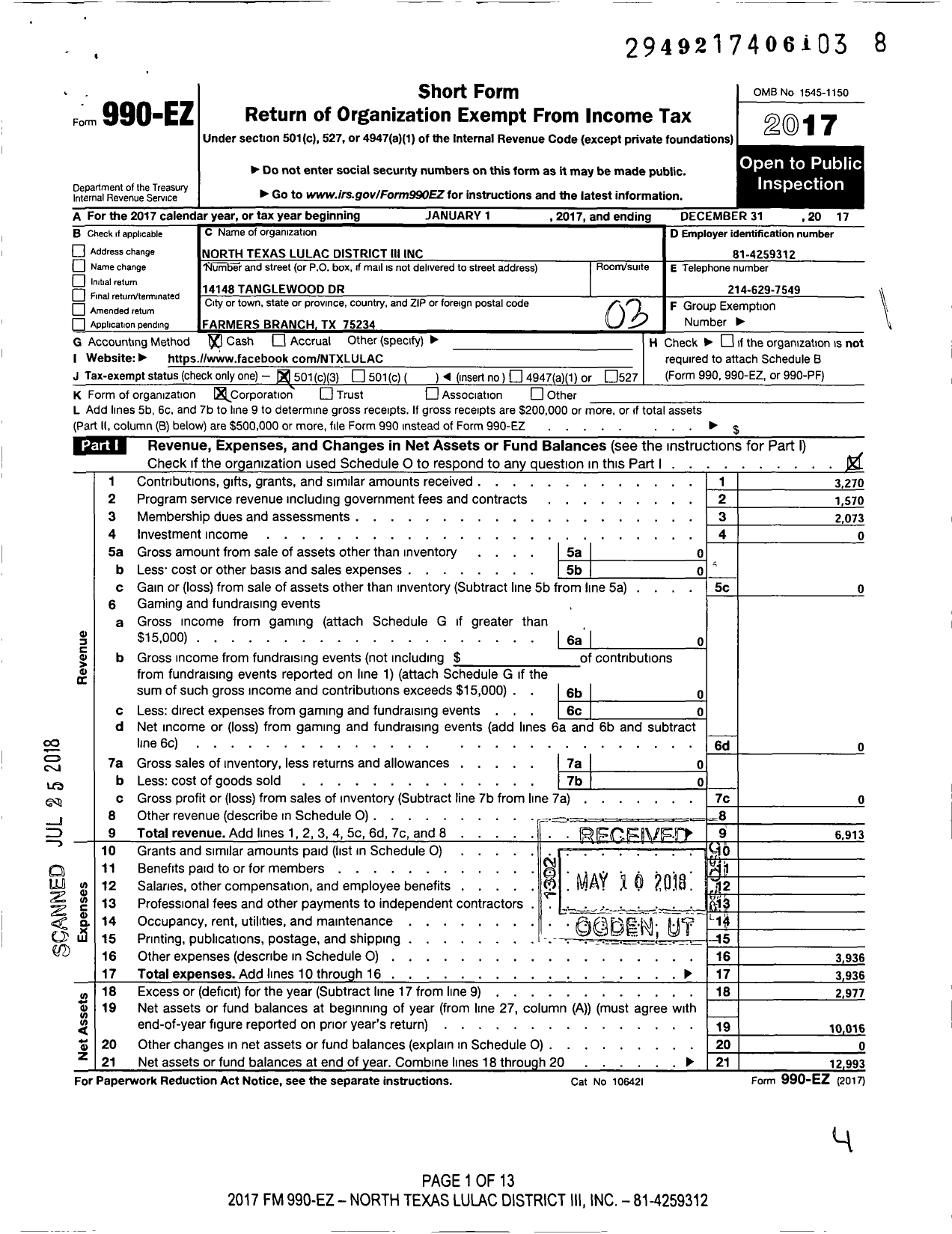 Image of first page of 2017 Form 990EZ for North Texas LULAC District Iii