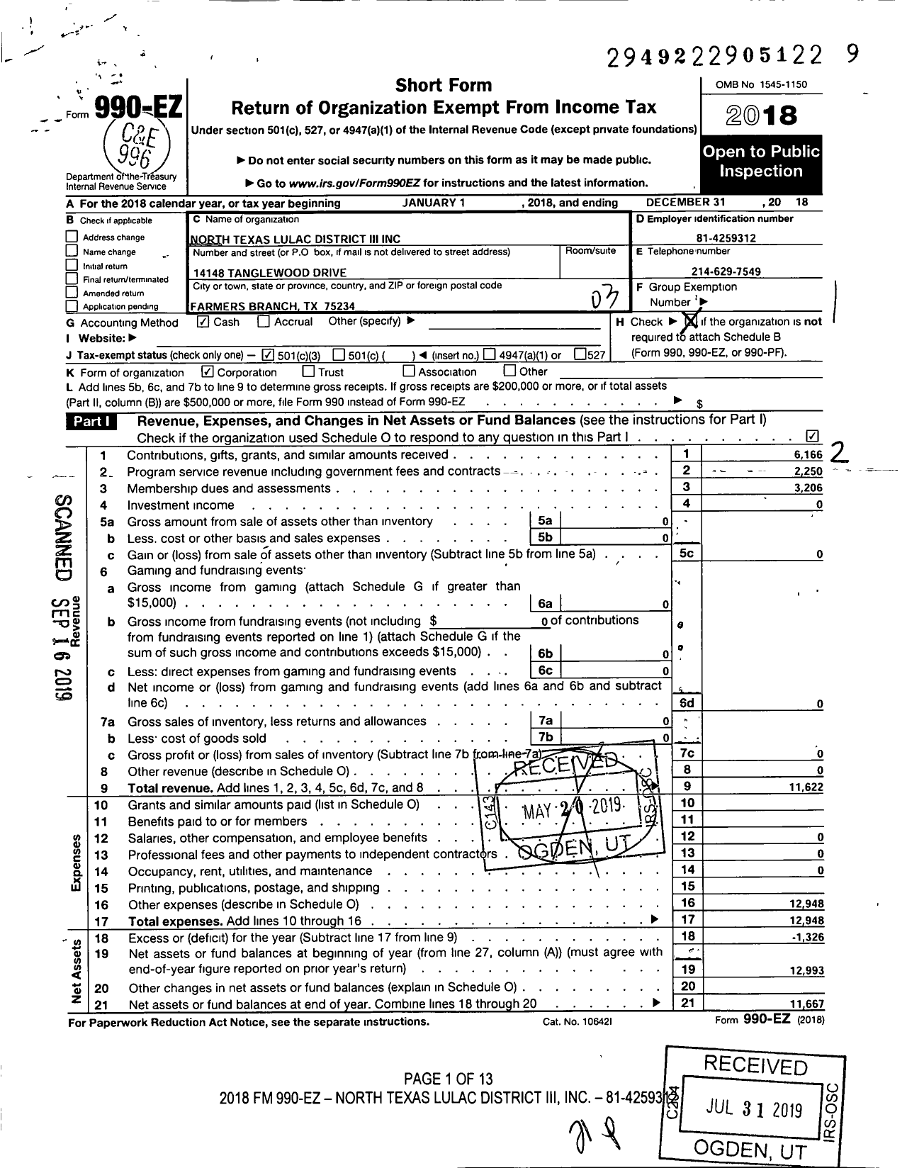 Image of first page of 2018 Form 990EZ for North Texas LULAC District Iii