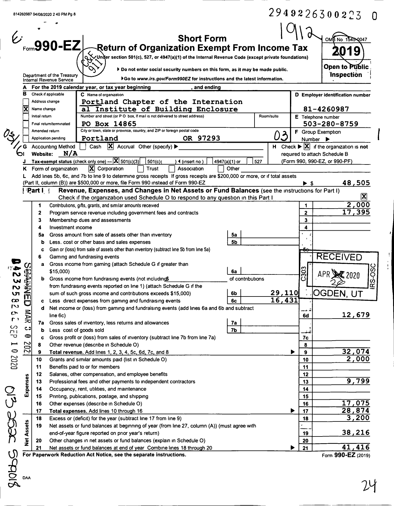 Image of first page of 2019 Form 990EZ for Portland Chapter of the Internation Al Institute of Building Enclosure