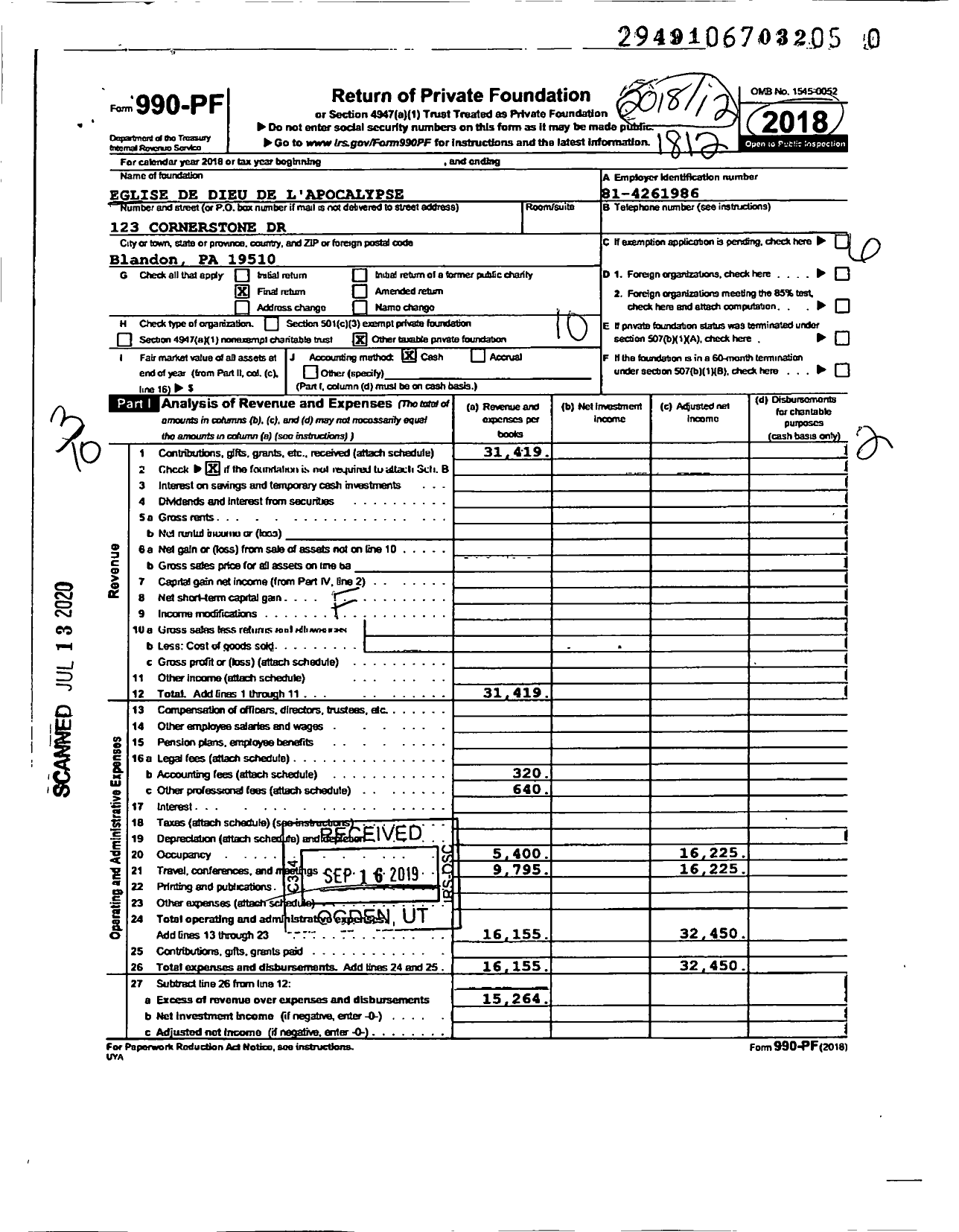Image of first page of 2018 Form 990PR for Eglise de Dieu de L Apocalypse