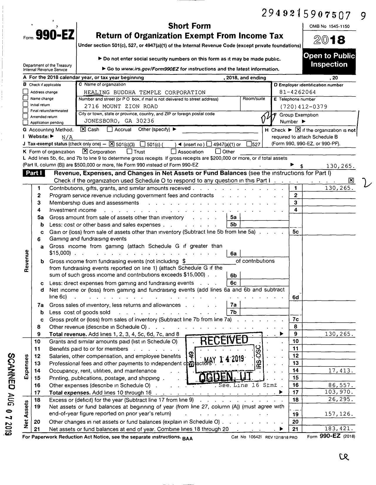 Image of first page of 2018 Form 990EZ for Healing Buddha Temple Corporation