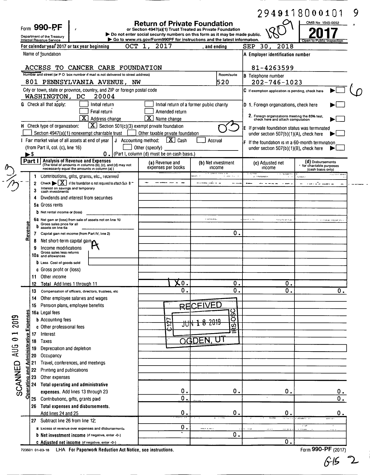 Image of first page of 2017 Form 990PF for Access To Cancer Care Foundation