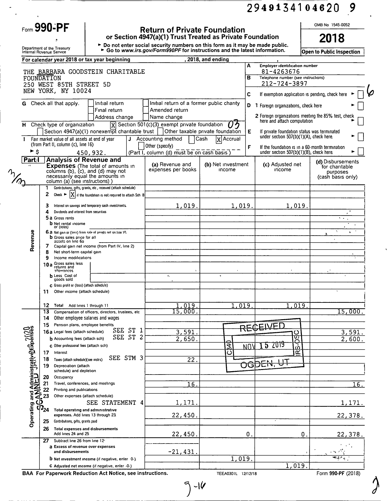 Image of first page of 2018 Form 990PF for The Barbara Goodstein Charitable Foundation