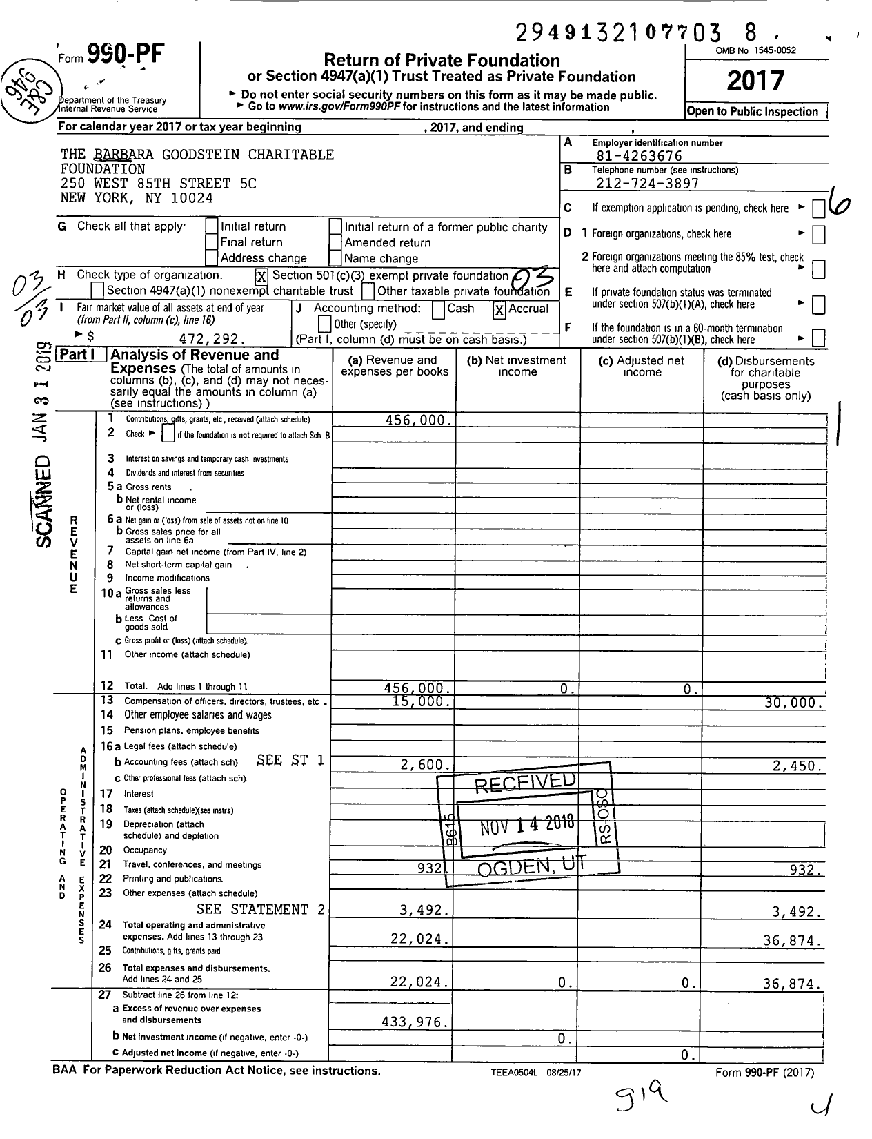 Image of first page of 2017 Form 990PF for The Barbara Goodstein Charitable Foundation