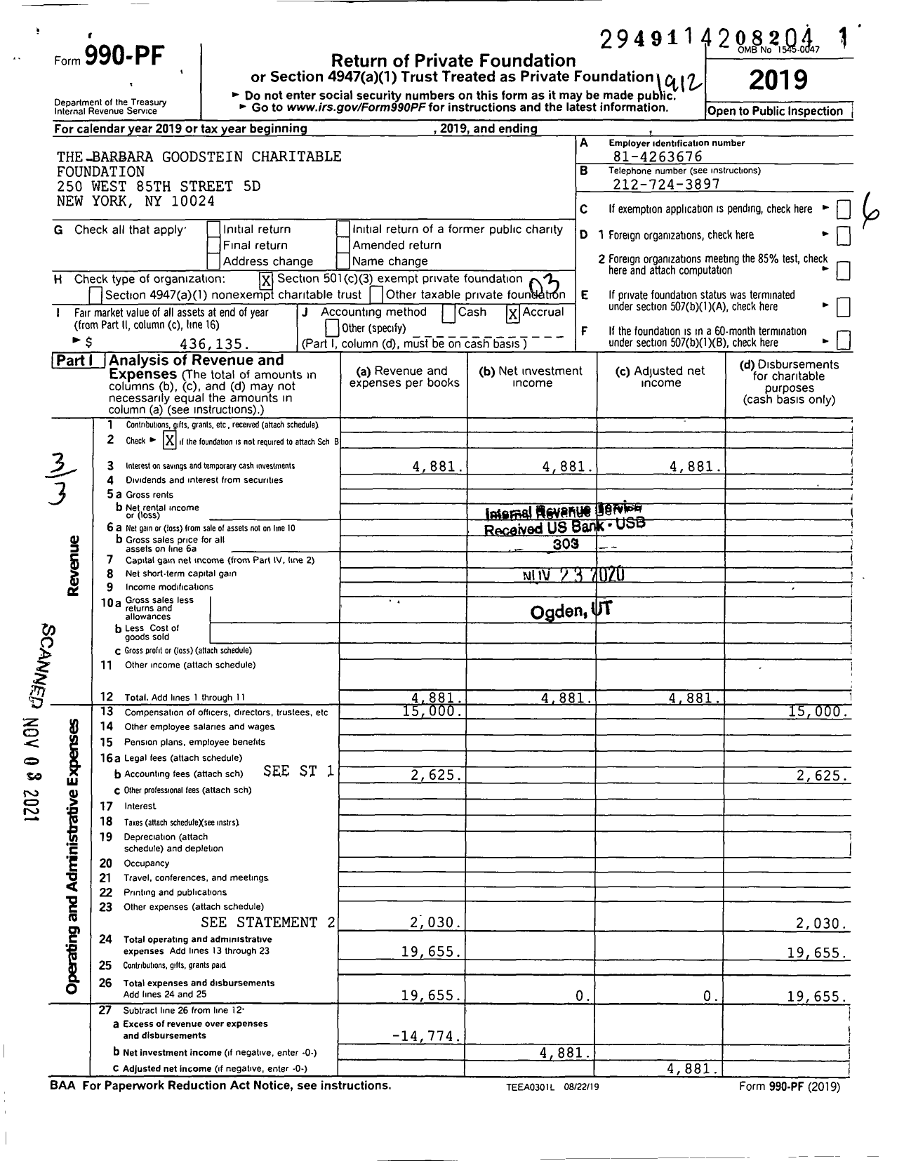 Image of first page of 2019 Form 990PF for The Barbara Goodstein Charitable Foundation