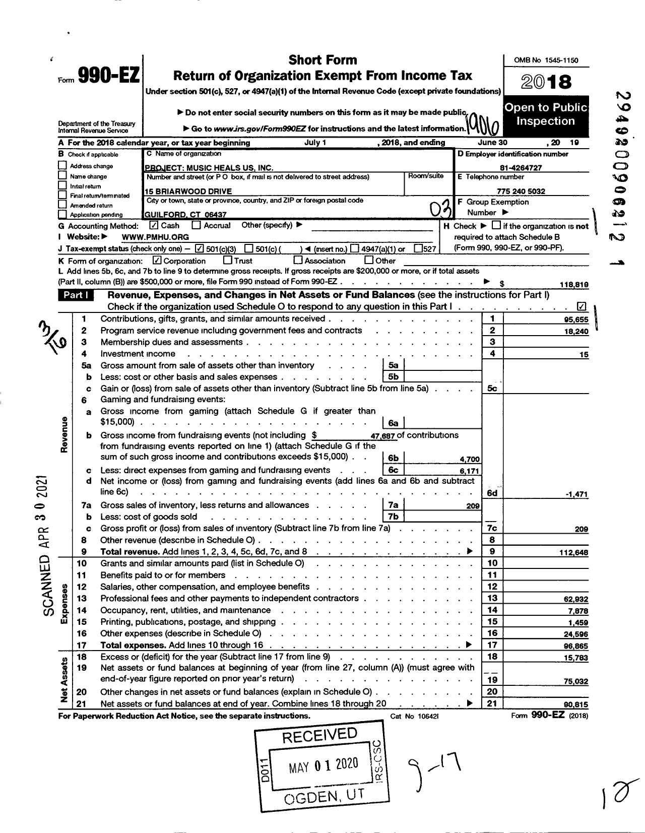 Image of first page of 2018 Form 990EZ for Project Music Heals Us