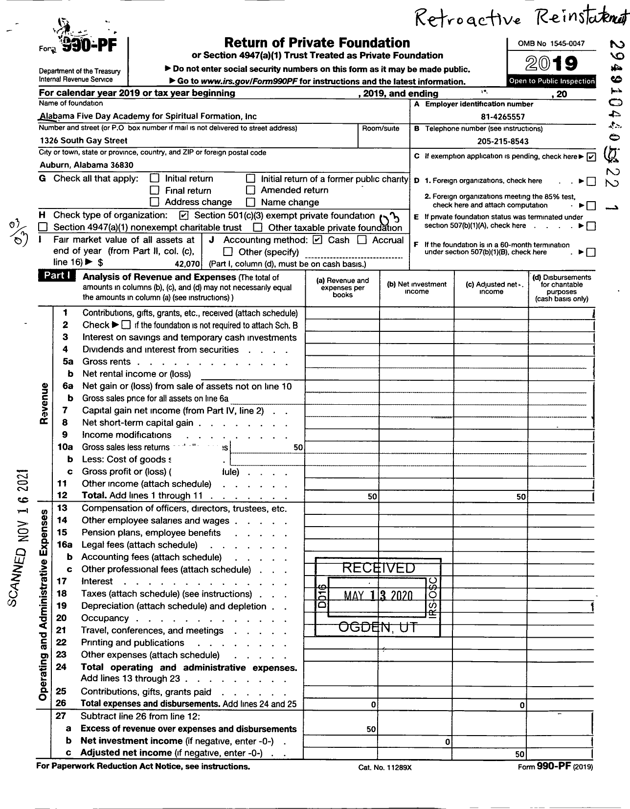 Image of first page of 2019 Form 990PF for Alabama Five Day Academy for Spiritual Formation