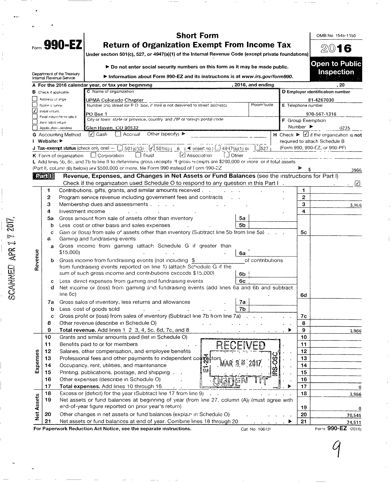 Image of first page of 2016 Form 990EO for United Postmasters and Managers of America / Upma Colorado