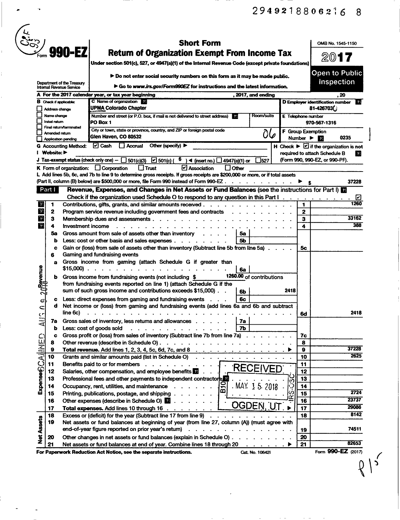 Image of first page of 2017 Form 990EO for United Postmasters and Managers of America / Upma Colorado