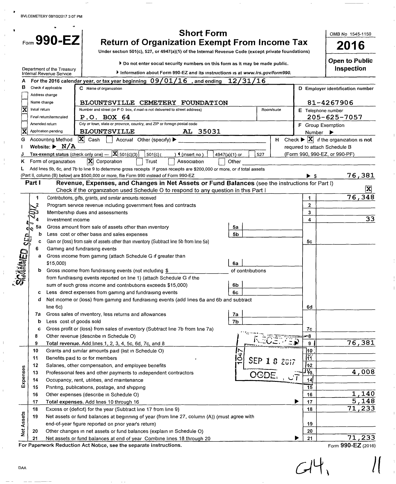 Image of first page of 2016 Form 990EZ for Blountsville Cemetery Foundation