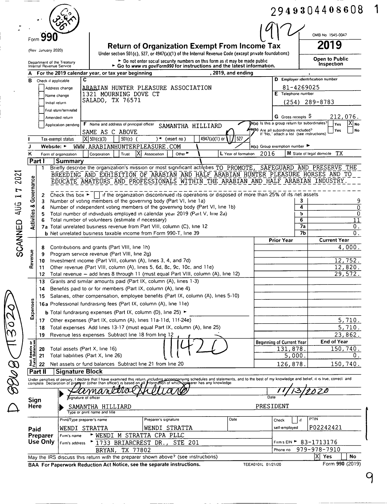 Image of first page of 2019 Form 990 for Arabian Hunter Pleasure Association