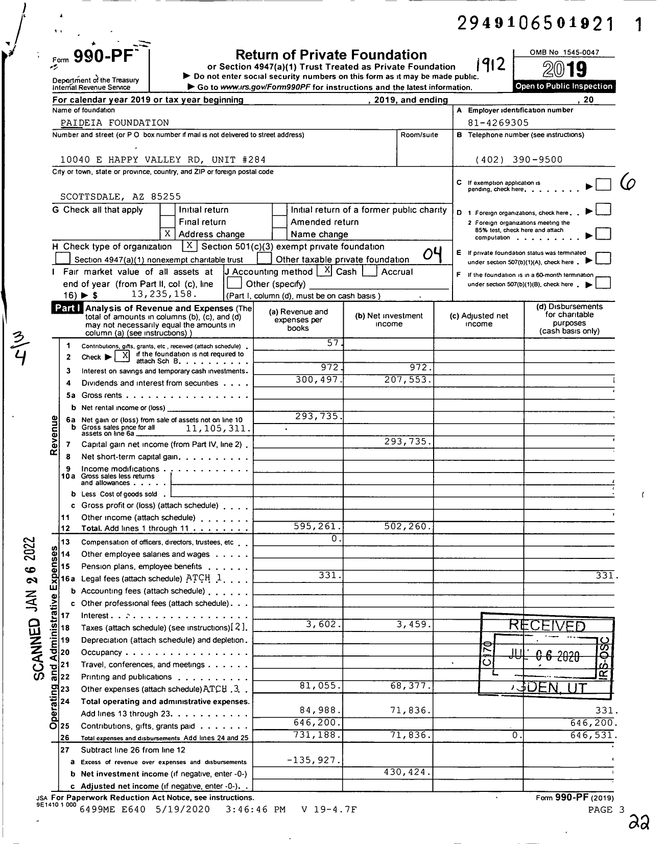 Image of first page of 2019 Form 990PF for Paideia Foundation