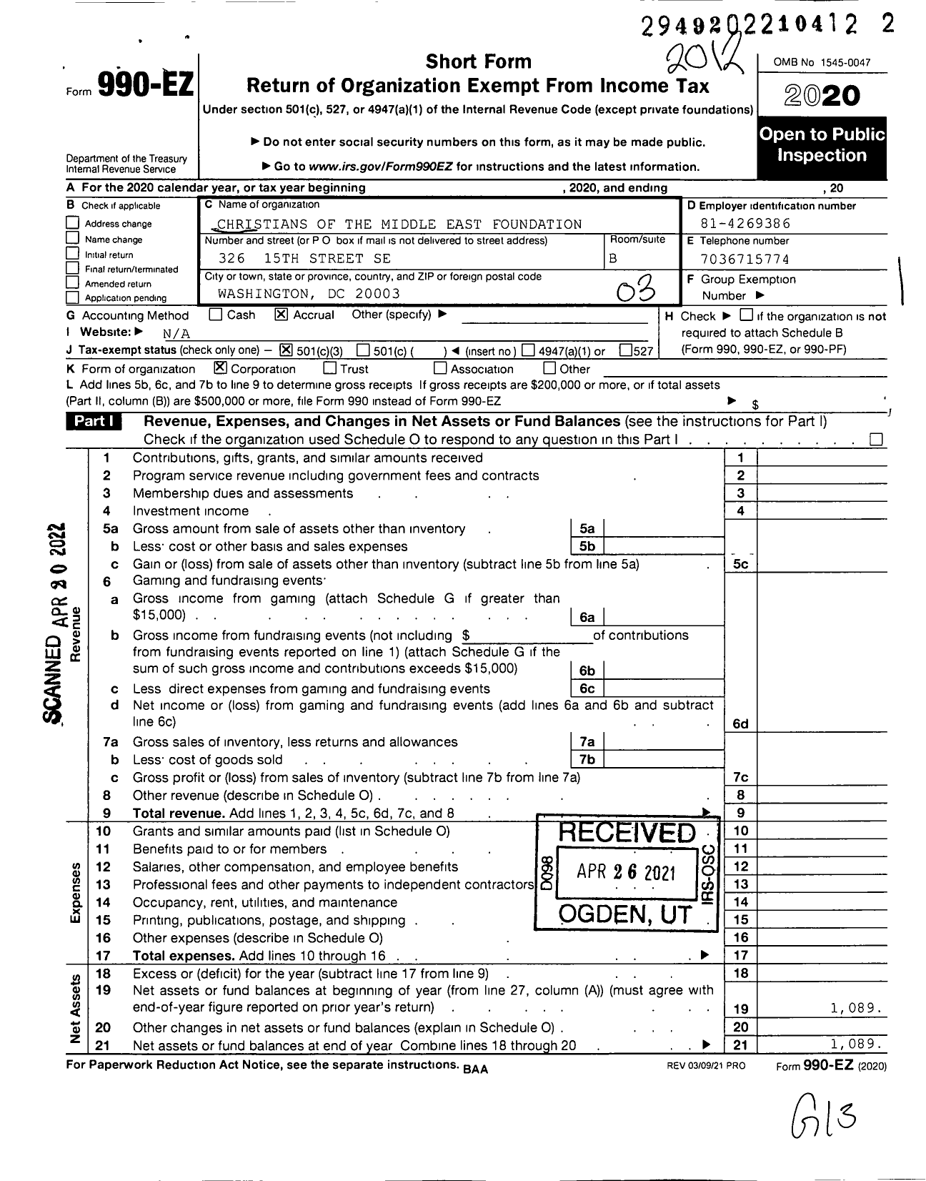 Image of first page of 2020 Form 990EZ for Christians of the Middle East Foundation