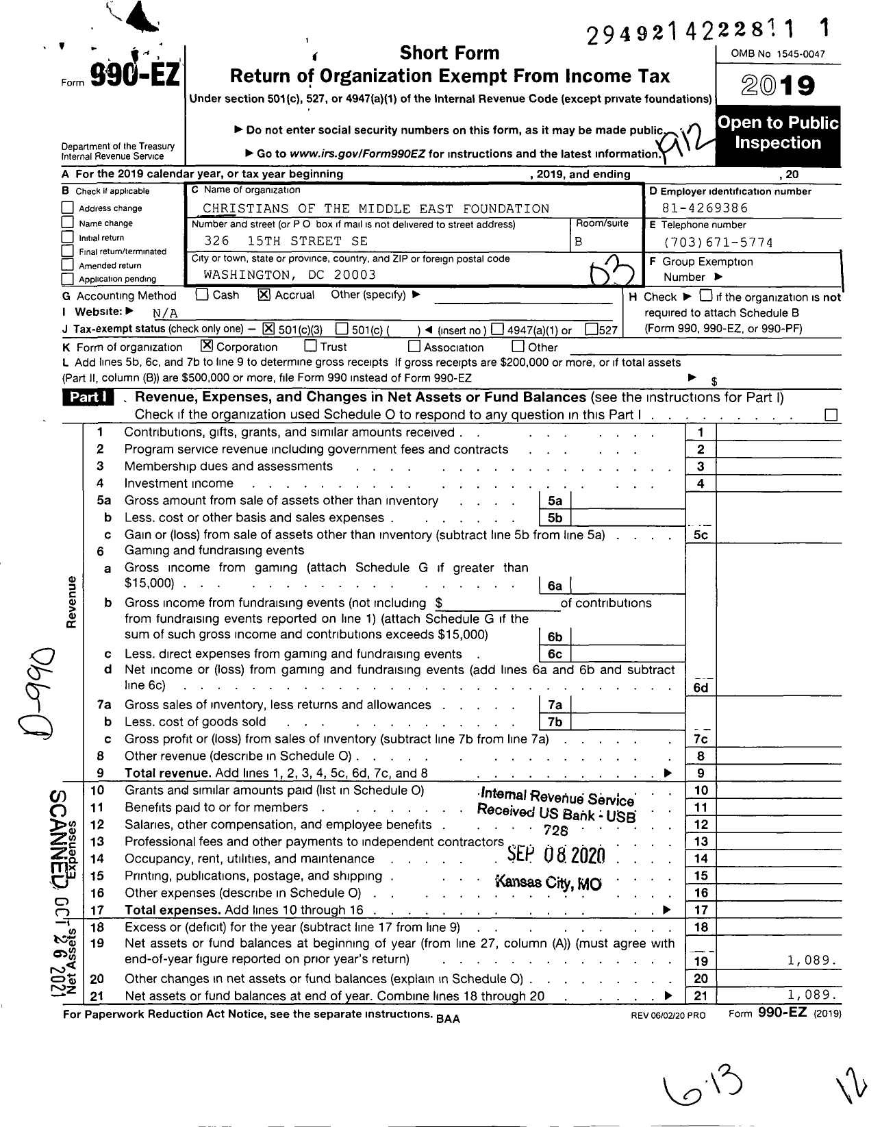 Image of first page of 2019 Form 990EZ for Christians of the Middle East Foundation