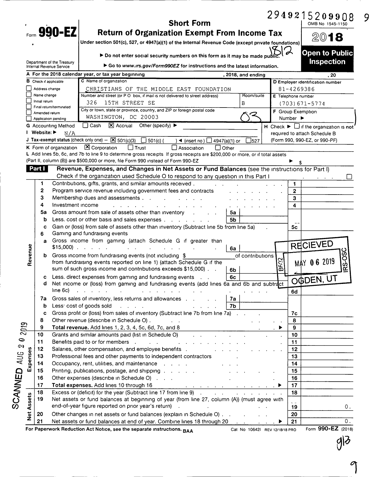 Image of first page of 2018 Form 990EZ for Christians of the Middle East Foundation