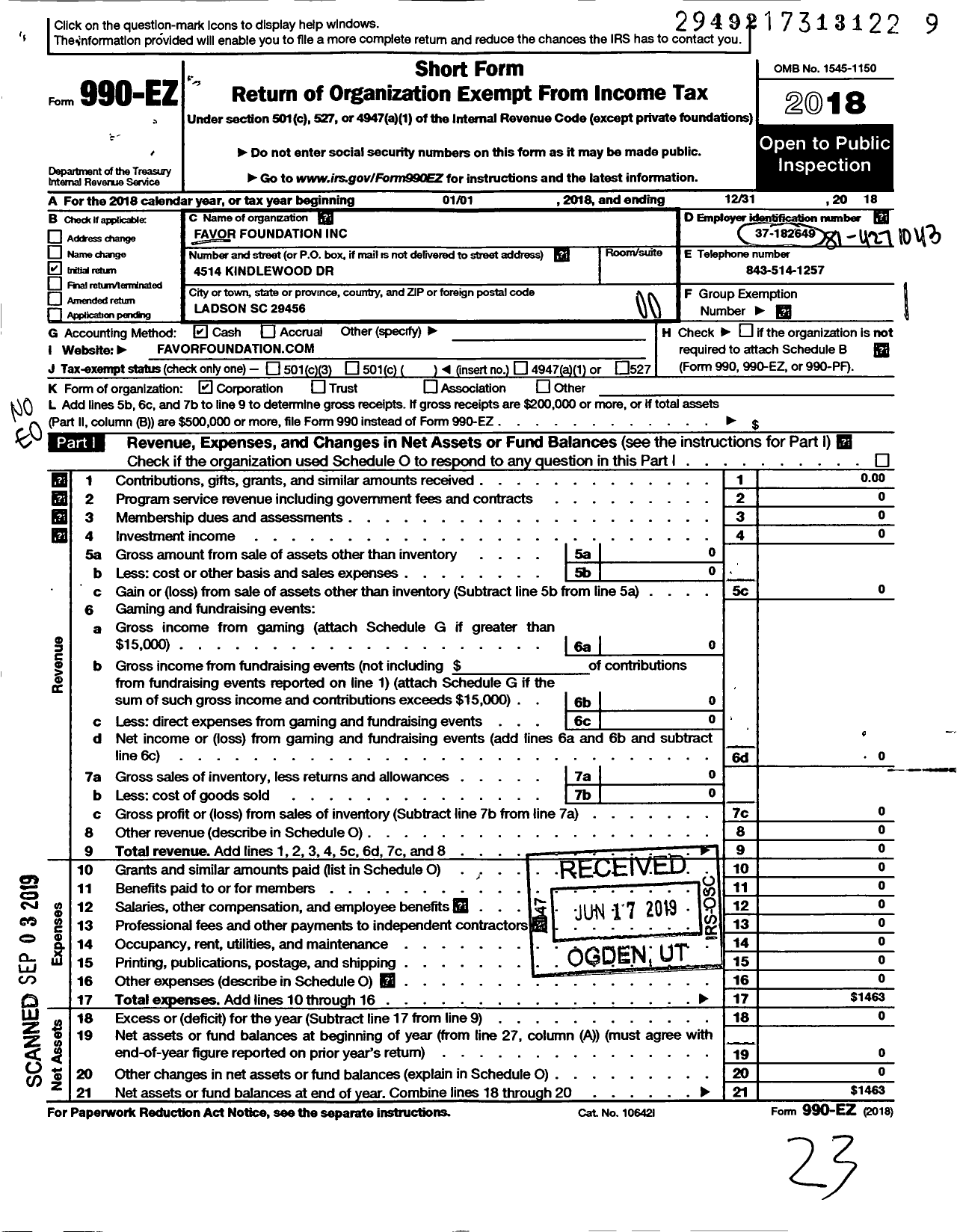 Image of first page of 2018 Form 990EO for The Favor Foundation