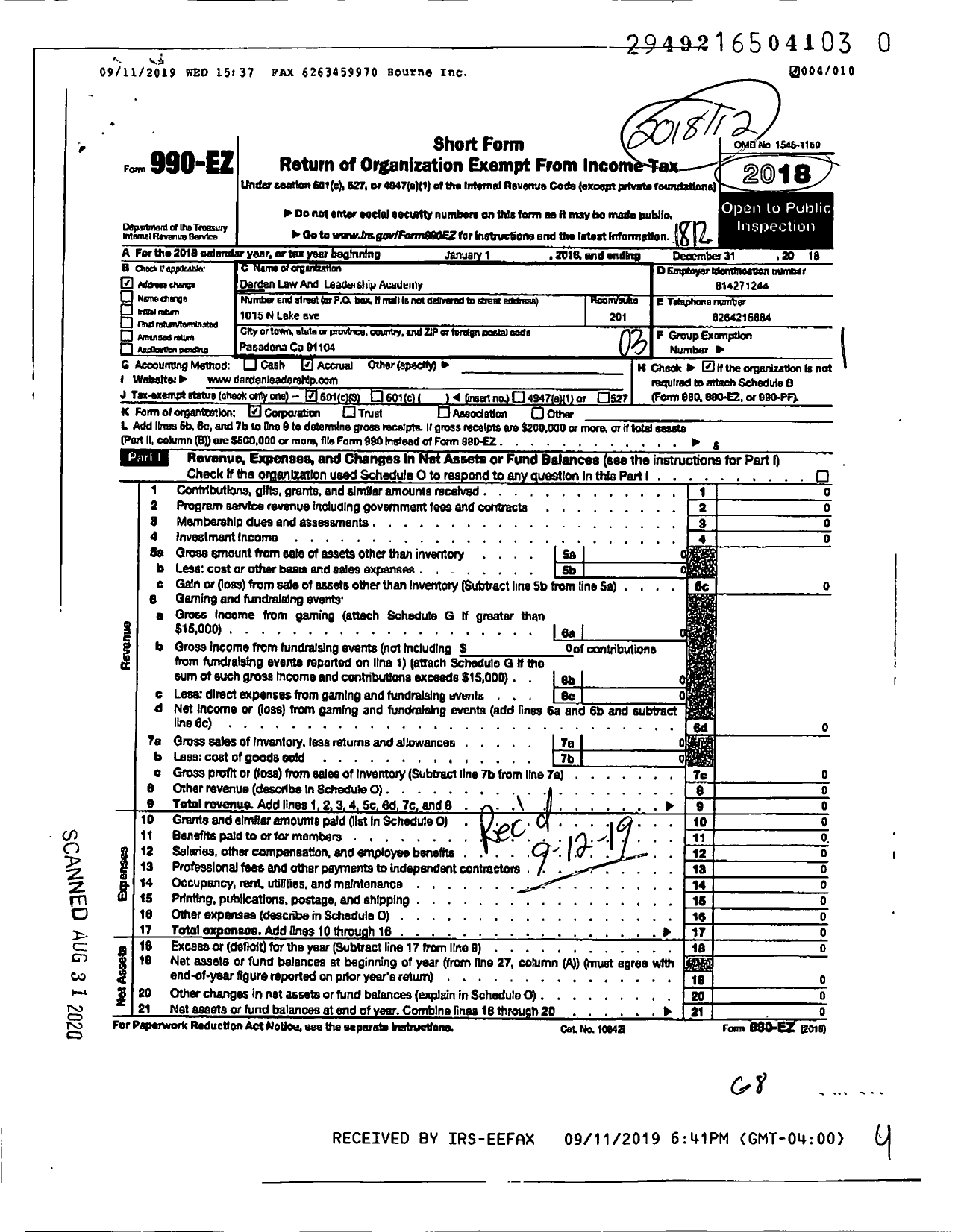 Image of first page of 2018 Form 990EZ for Darden Law and Leadership Academy