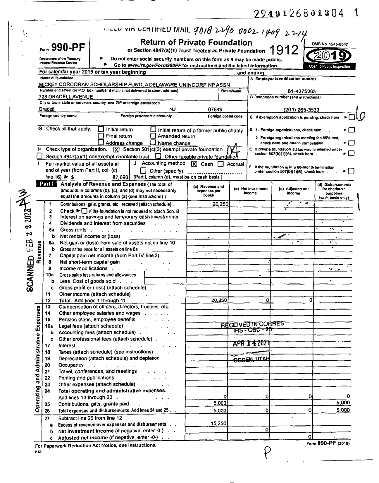 Image of first page of 2019 Form 990PF for MICKEY CORCORAN SCHOLARSHIP FUND a Delaware unincorporated nonprofit assn