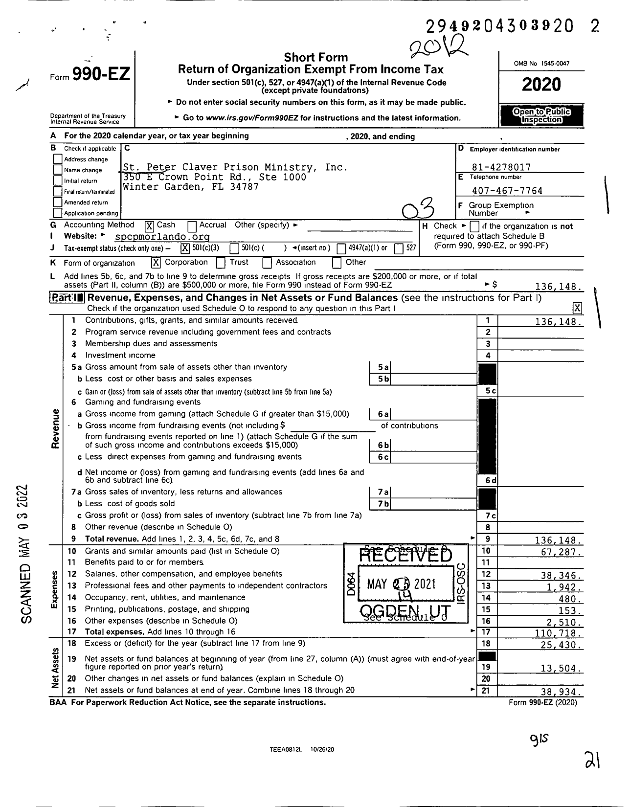 Image of first page of 2020 Form 990EZ for St Peter Claver Prison Ministry