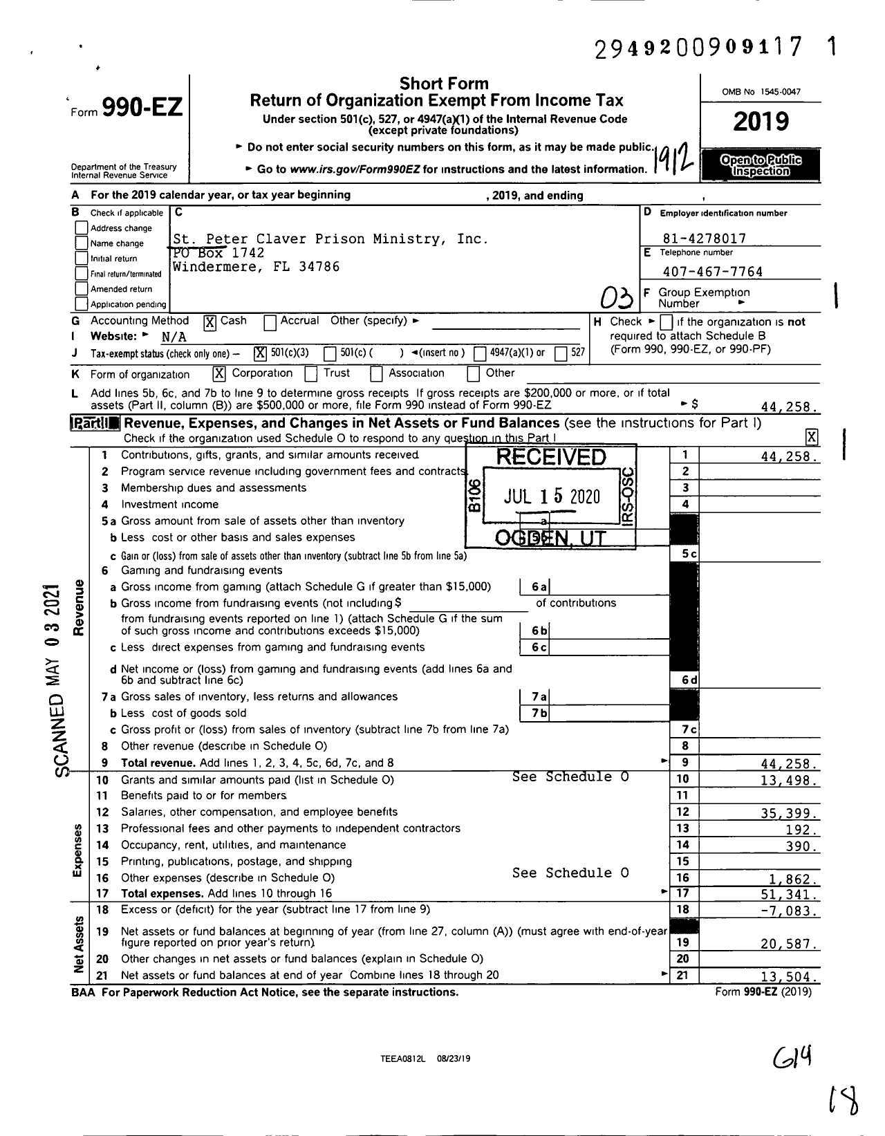 Image of first page of 2019 Form 990EZ for St Peter Claver Prison Ministry