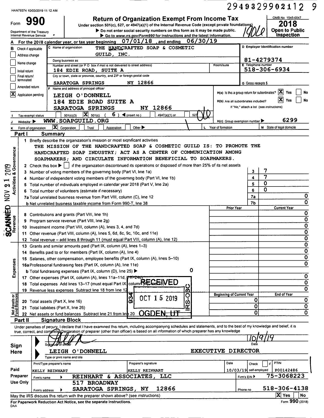 Image of first page of 2018 Form 990O for The Handcrafted Soap and Cosmetic Guild