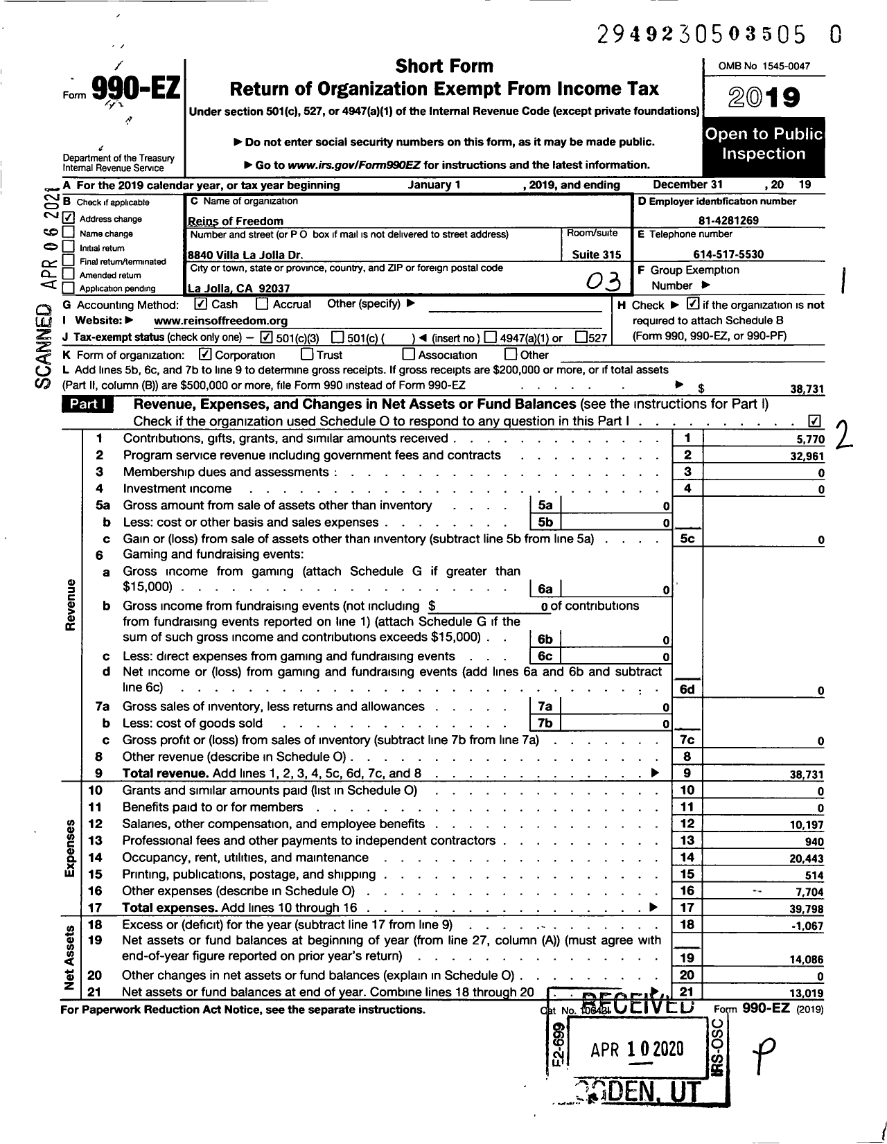 Image of first page of 2019 Form 990EZ for Reins of Freedom