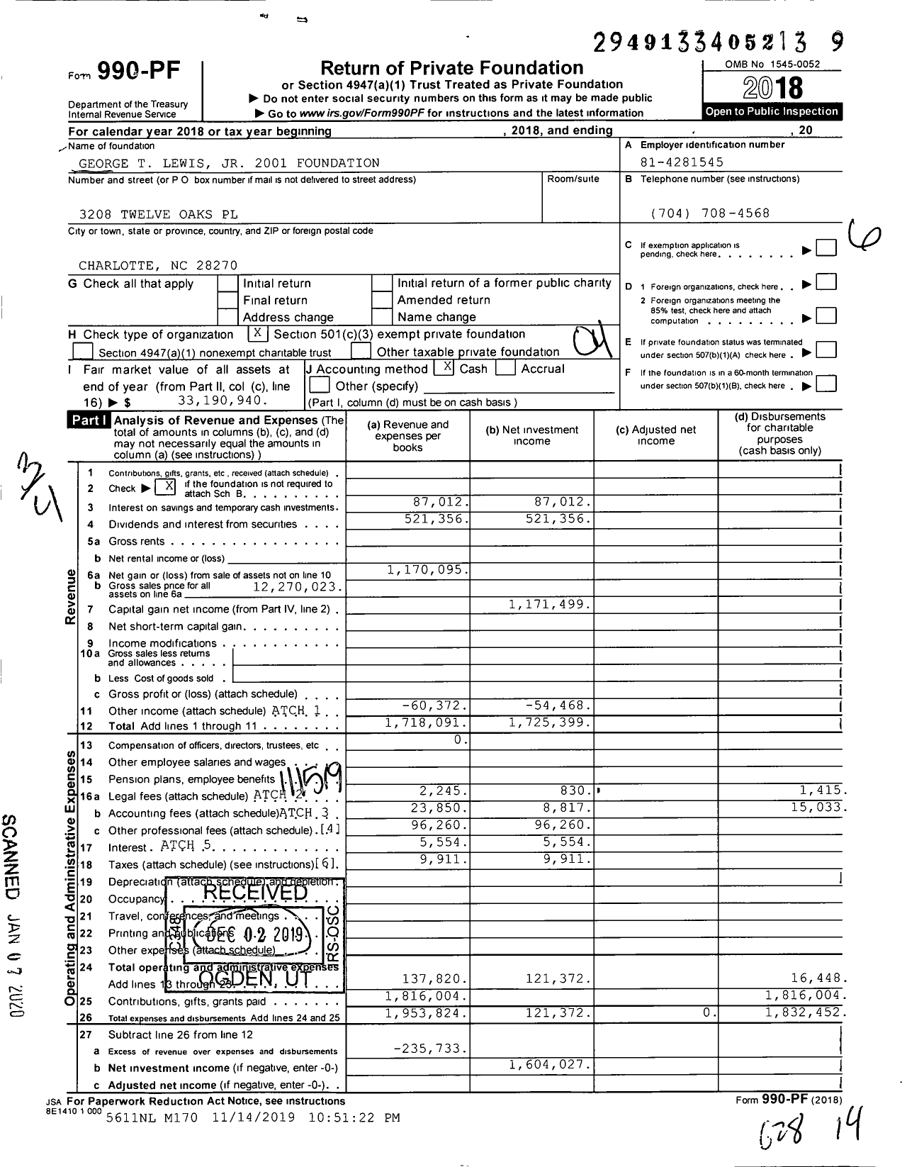 Image of first page of 2018 Form 990PF for George T Lewisjr 2001 Foundation