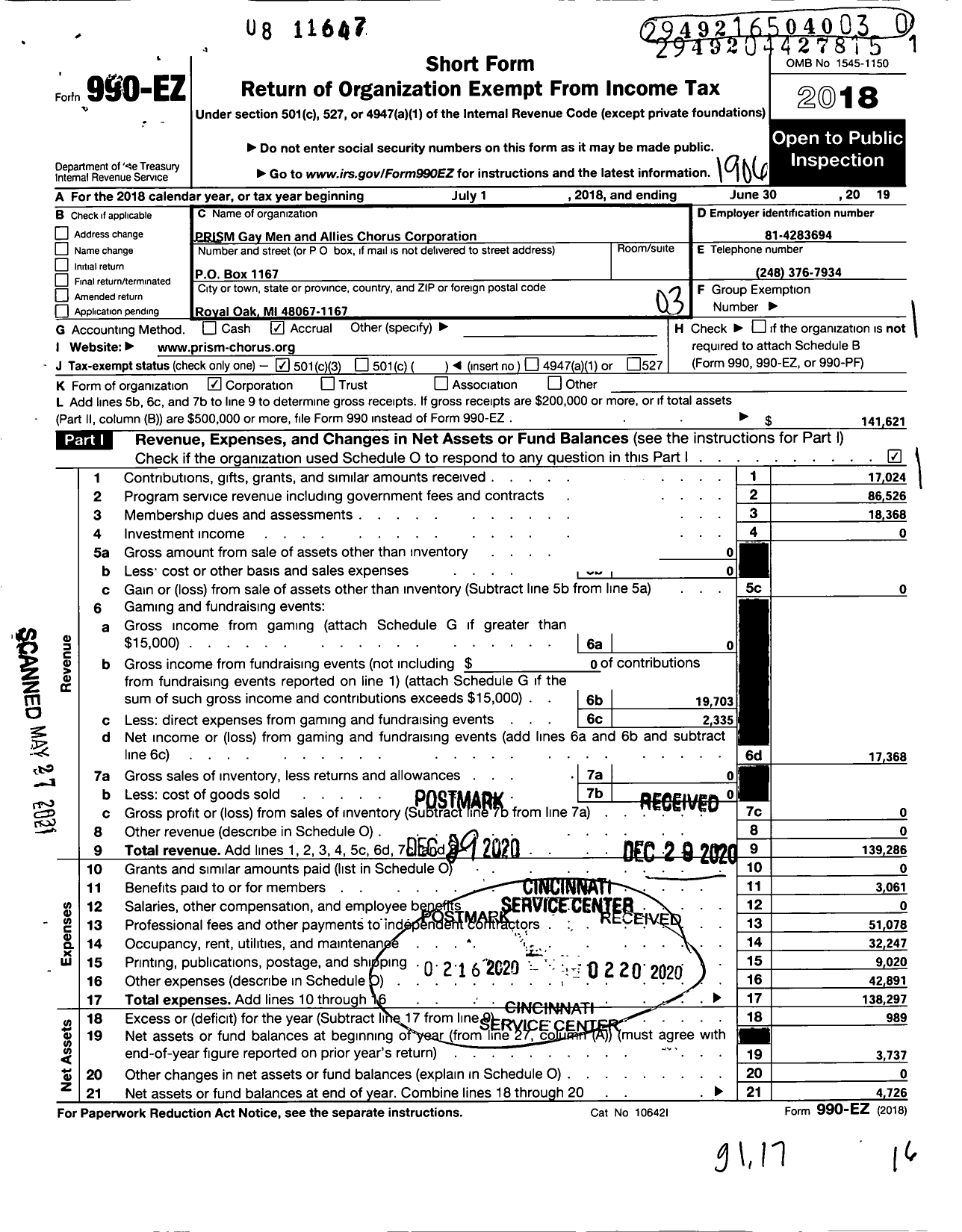 Image of first page of 2018 Form 990EZ for Prism Gay Men and Allies Chorus Corporation