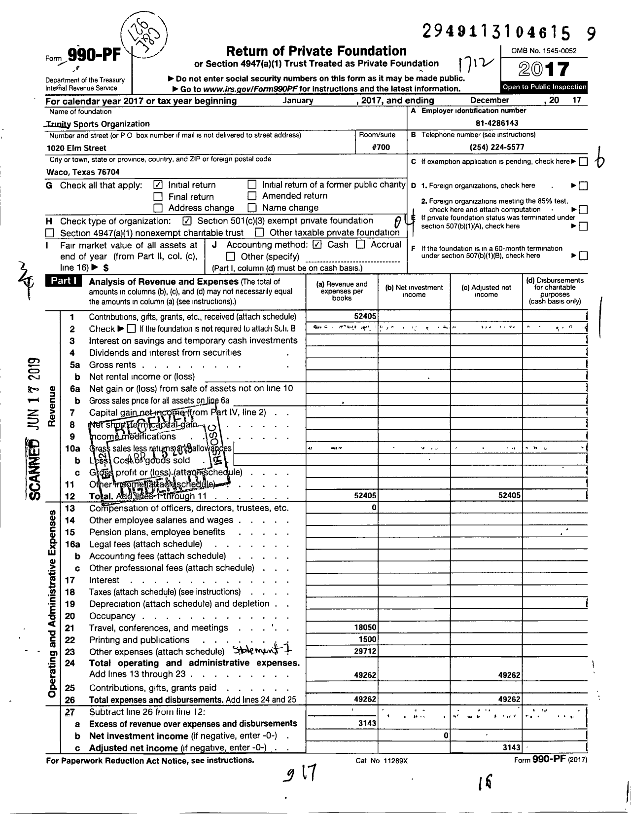 Image of first page of 2017 Form 990PF for Trinity Sports Organization